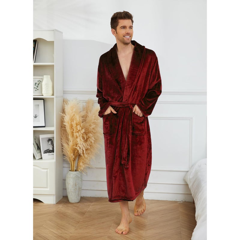U2SKIIN Mens Fleece Robe Plush Collar Shawl Bathrobe(Dark Red,L/XL) - Image 2